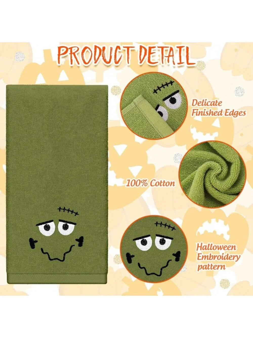 Spooky Pumpkin Face Halloween Hand Towels - 4 Pack, Absorbent Cotton Bath Towels